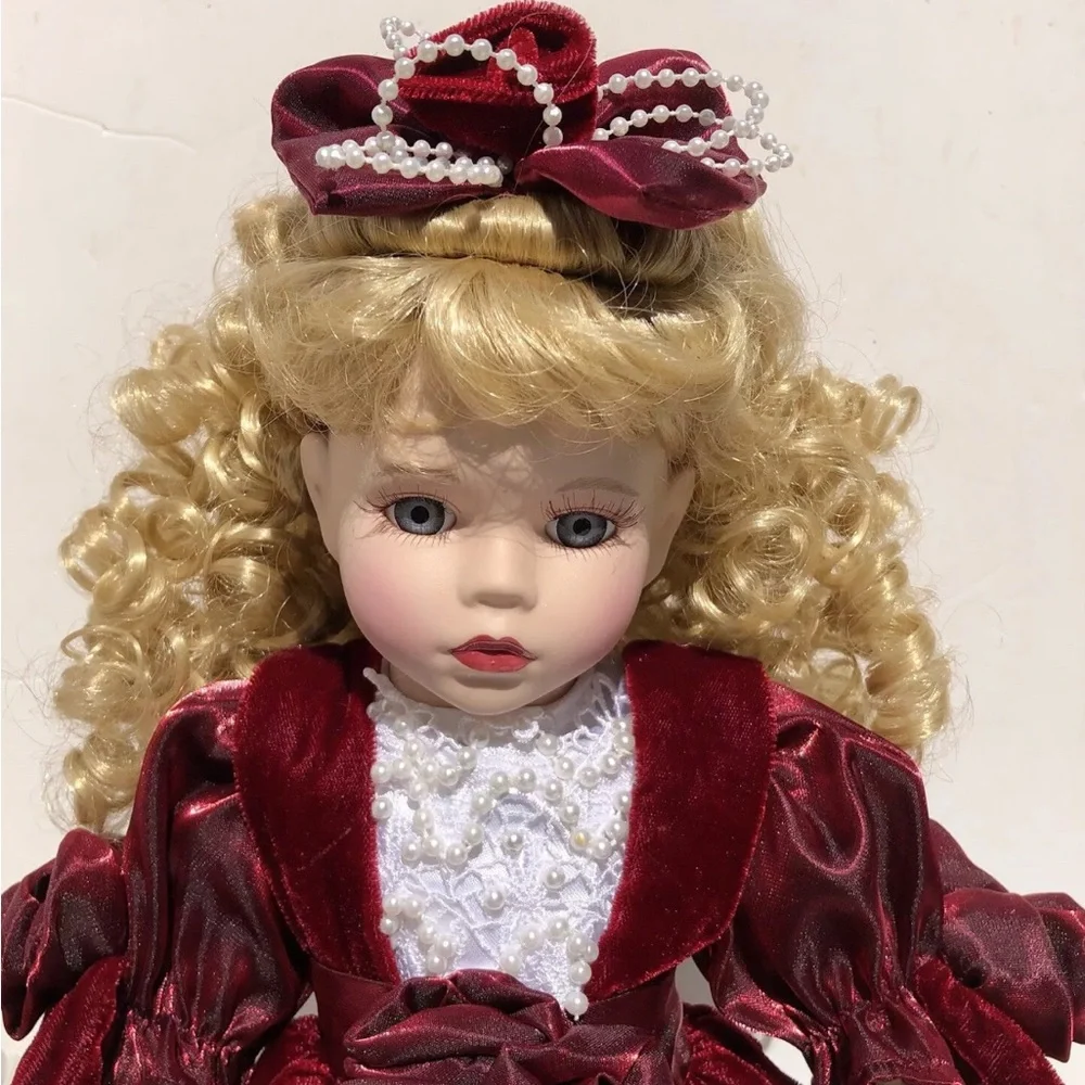 Porcelain Dolls Collectible by Melissa Jane Wooden Stand in Red Dress Blue Eyes - Picture 7 of 9